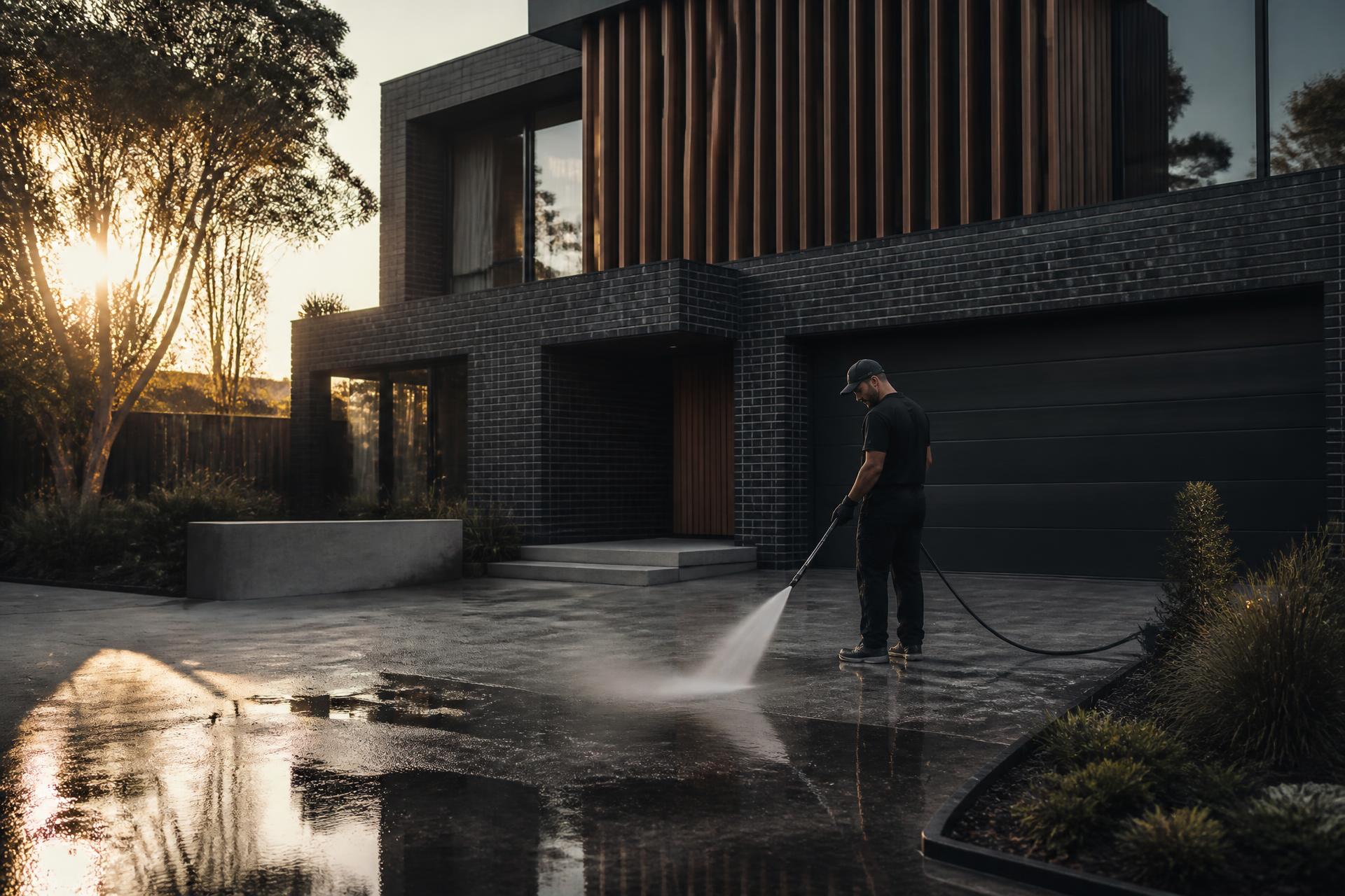 Modern Melbourne home with a professional pressure washing the driveway at dusk